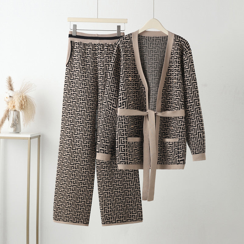 Casual Knit Loungewear Set with Geometric Pattern
