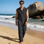 Men's sleeveless linen leisure set with lapel collar, chest pocket, and straight pants