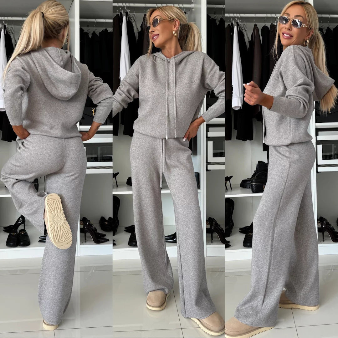 Ladies Cozy Knitted Jogging Suit with Short Hoodie and Wide Flowy Pants