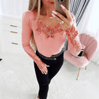 Elegant Long-Sleeve Shirt with Floral Lace and Glitter Accents