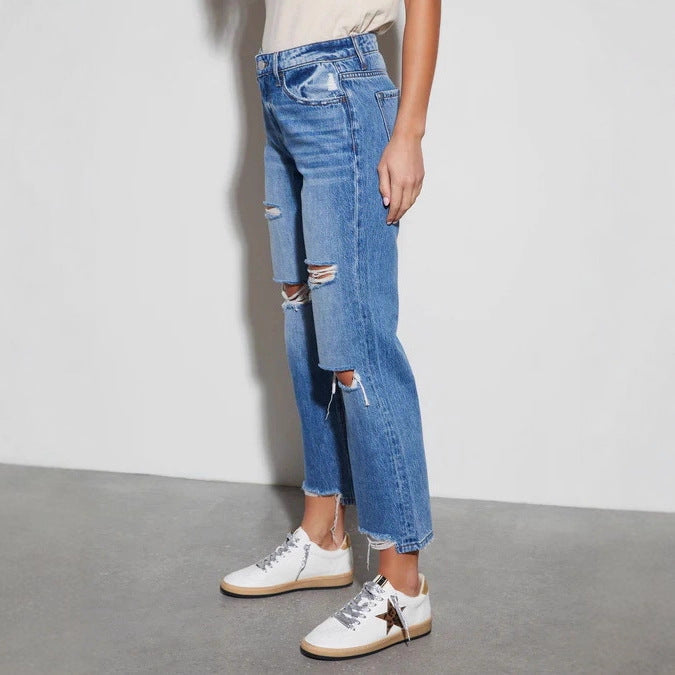 Women's High-Waist Jeans with Frayed Hem and Ripped Details