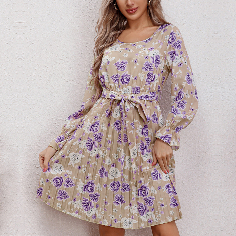 Women's Blouse Dress with Floral Ruffle Details and Waist Belt