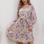 Women's Blouse Dress with Floral Ruffle Details and Waist Belt