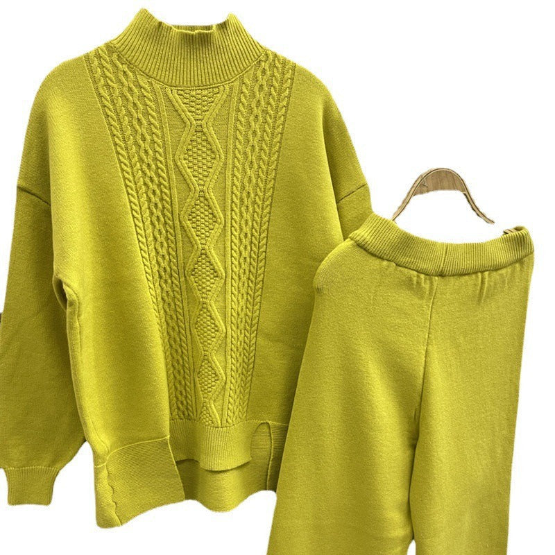 Women's Elegant Knit Suit with High Collar and Colorful Pattern