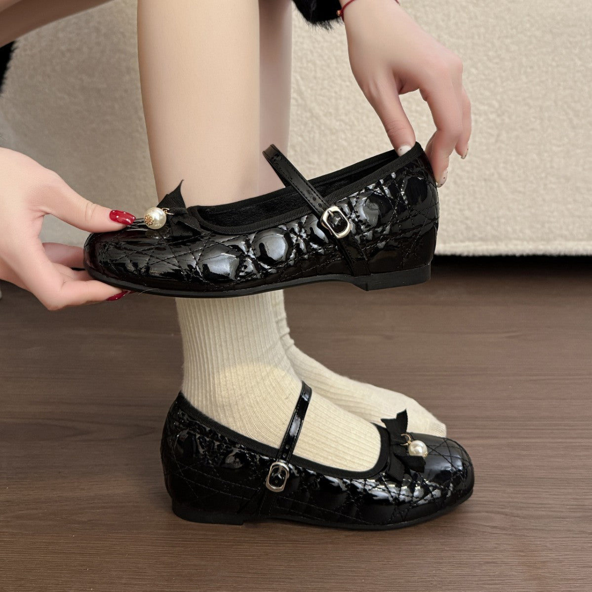 Women's Ballet Flats with Elegant Buckle Ornament and High-Quality Leather Grain