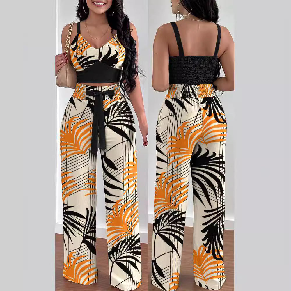 Women's Casual Floral Ruffled Top and Wide-Leg Pants Set