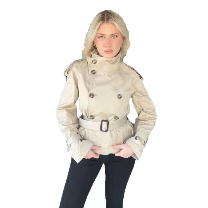 Women's Elegant Short Trench Coat with Double-Breasted Closure and Waist Belt