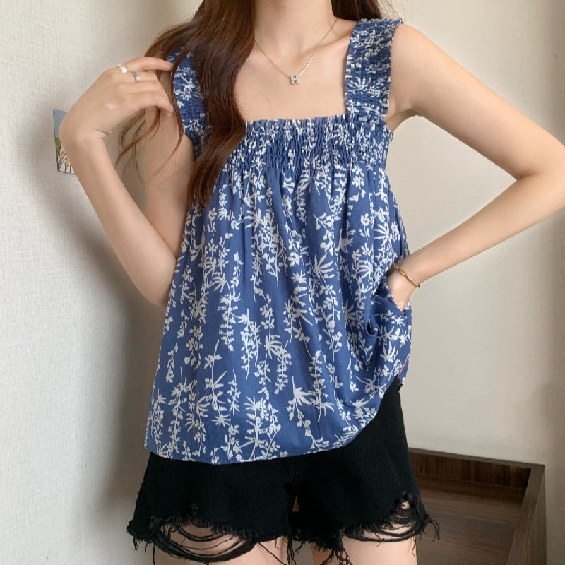 Women's Blouse Top with Floral Pattern and Elasticated Bodice