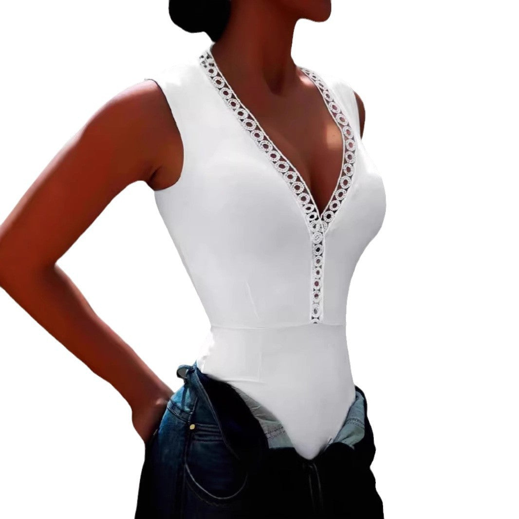 Women's Bodysuit with Decorative V-Neck and Lace Trim