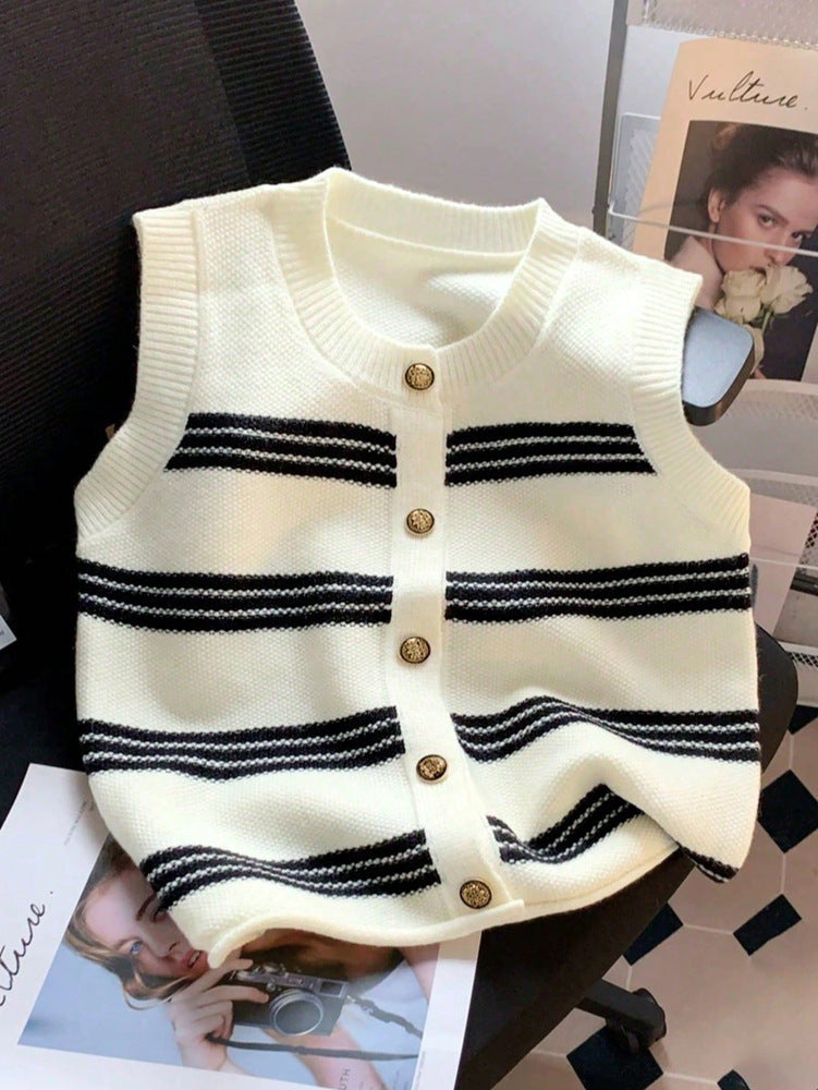 Women's Sleeveless Cardigan with Button Placket and Stripes