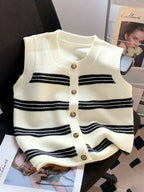 Women's Sleeveless Cardigan with Button Placket and Stripes