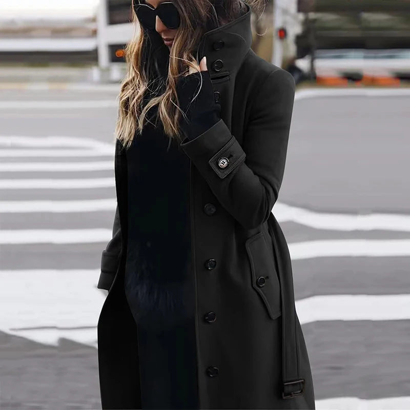 Women's Elegant High-Collar Coat with Practical Pockets