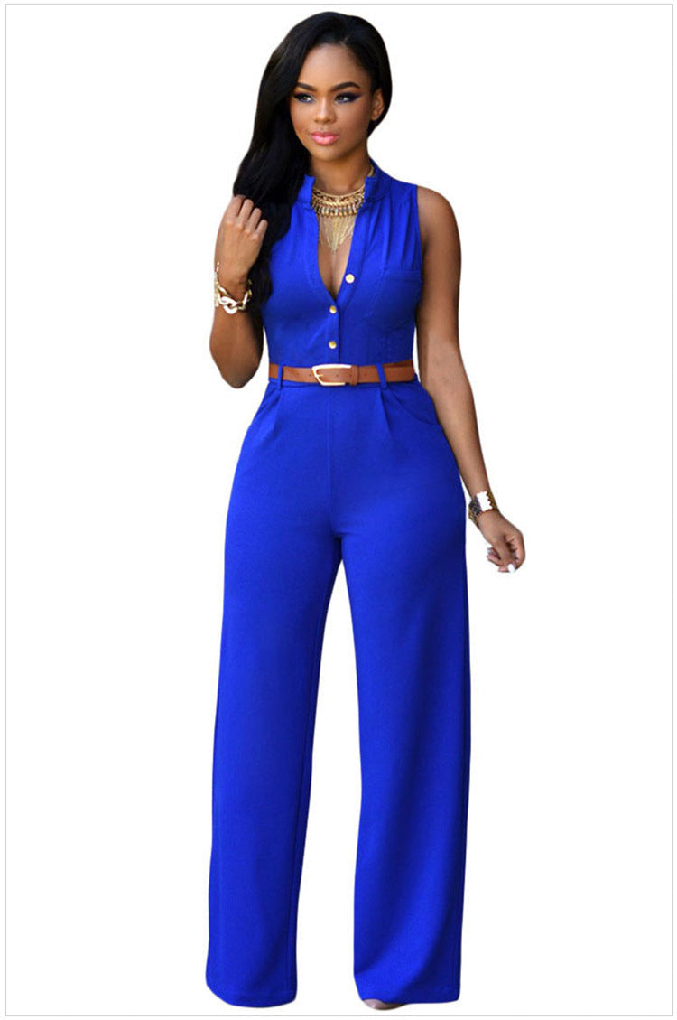 Women's Elegant Jumpsuit with Belt and Button Detail