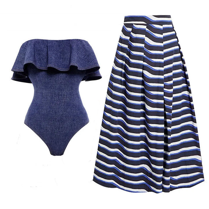 Women's Bandeau Swimsuit with Bows and Striped Maxi Skirt