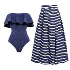 Women's Bandeau Swimsuit with Bows and Striped Maxi Skirt