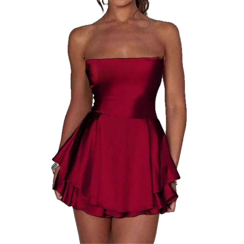 Women's Bandeau Dress with Flowing Ruffle Design