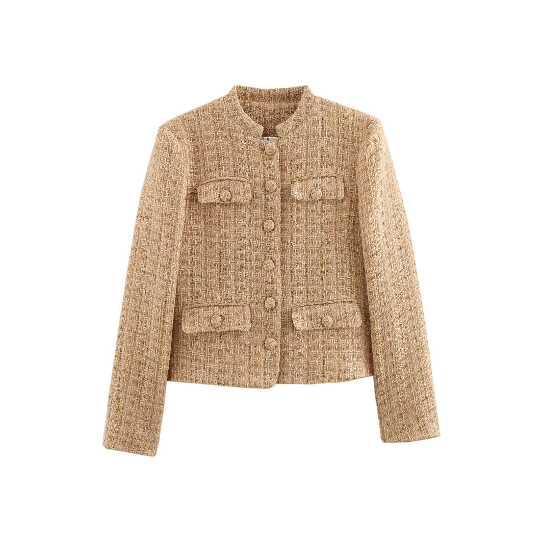 Women's Elegant Bouclé Jacket with Gold Buttons and Patch Pockets