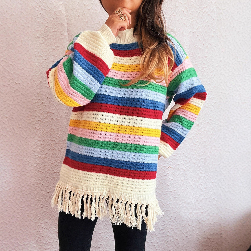Women's Adorable Sweater with Fringe and Colorful Stripe Pattern