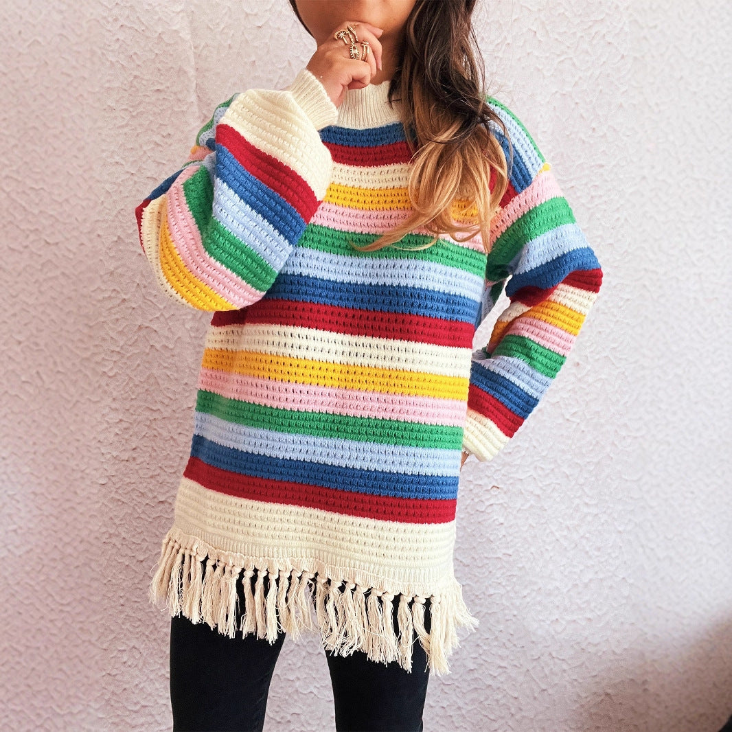 Women's Adorable Sweater with Fringe and Colorful Stripe Pattern