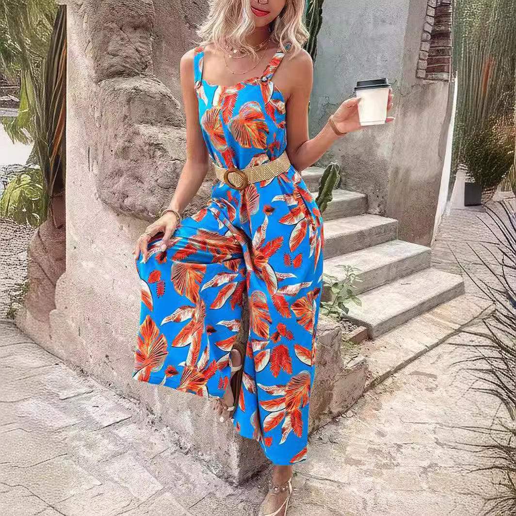 Women's Casual Floral Print Wide-Leg Jumpsuit