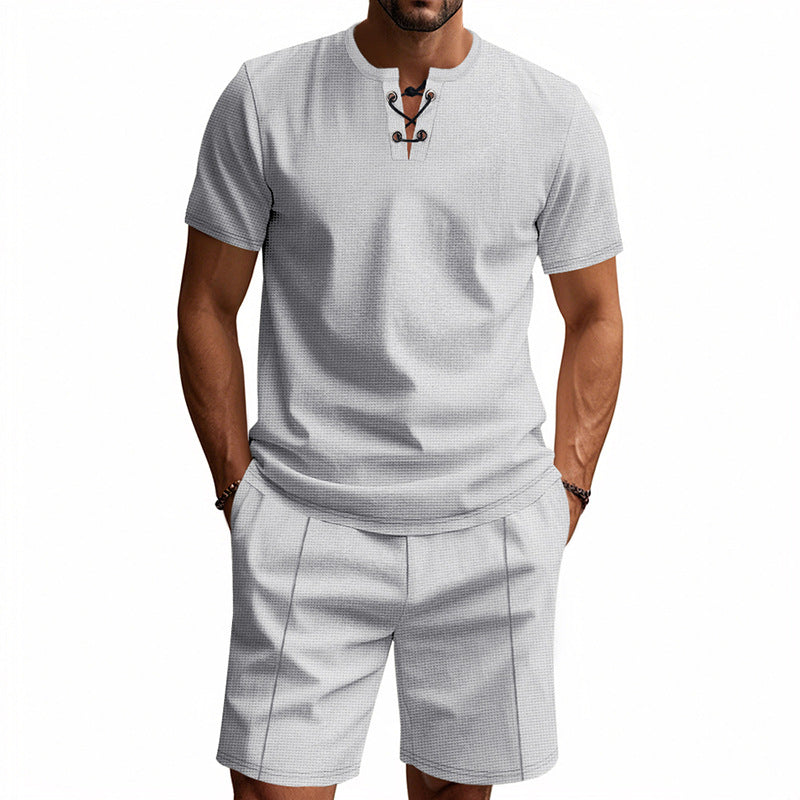 Men's Short-Sleeved Lace-Up Collar Waffle Jersey Set