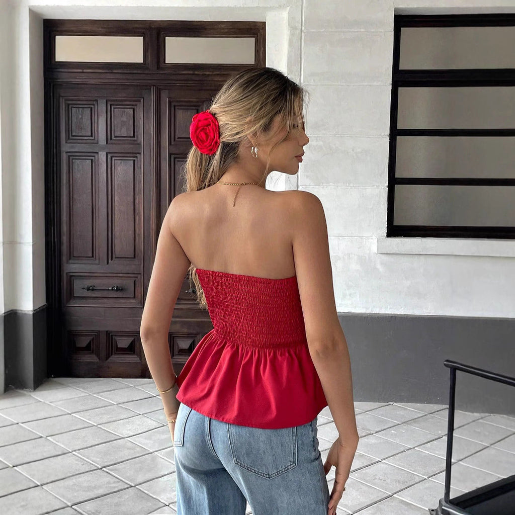 Women's Bandeau Top with Ruched Detail and Flattering Flounce