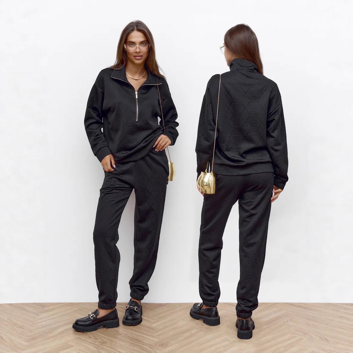Women's Cable Knit Lounge Set with Half Zipper and High-Waisted Jogging Pants