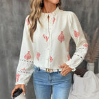 Women's Blouse Top with Embellished Puff Sleeves and Classic Stand-Up Collar