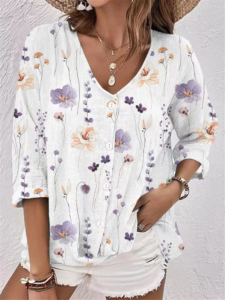 Women's Casual Floral Blouse with Button Details