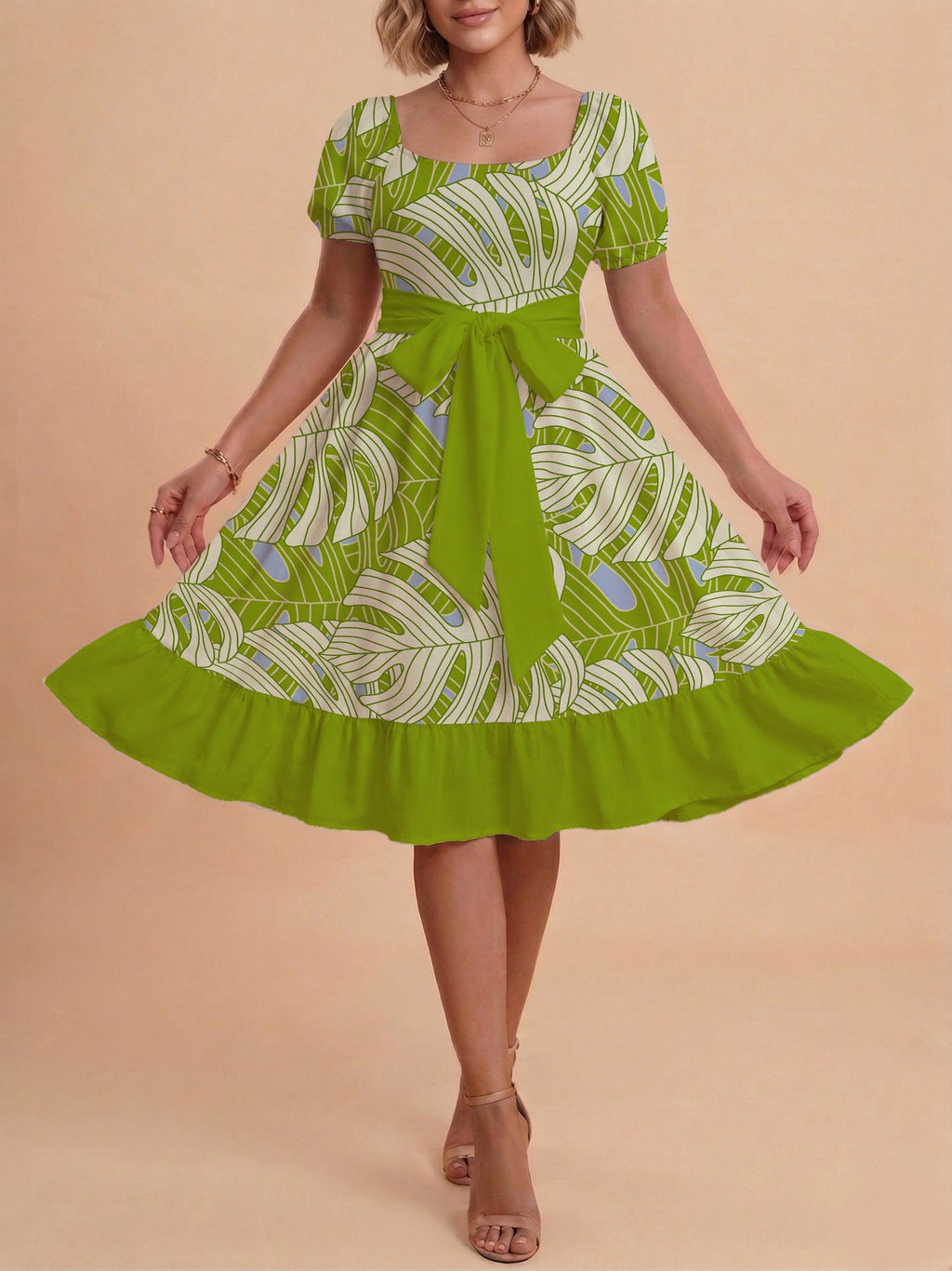 Women's A-Line Dress with Floral Motifs and Adjustable Belt