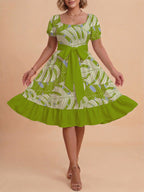 Women's A-Line Dress with Floral Motifs and Adjustable Belt