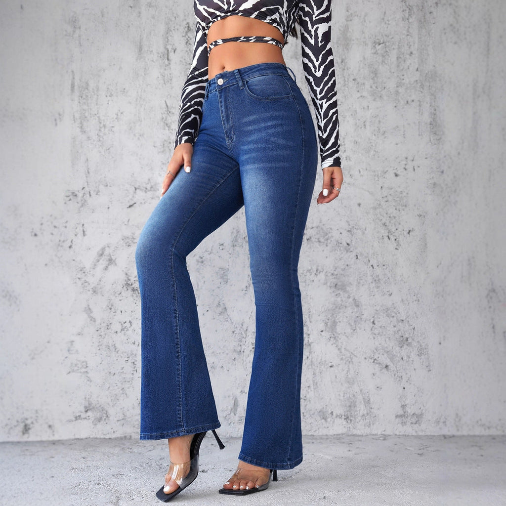 Women's High-Waisted Flared Jeans with Fashionable Wash