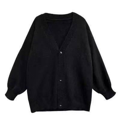 Women's Fluffy Knit Cardigan with Voluminous Sleeves and Button Details