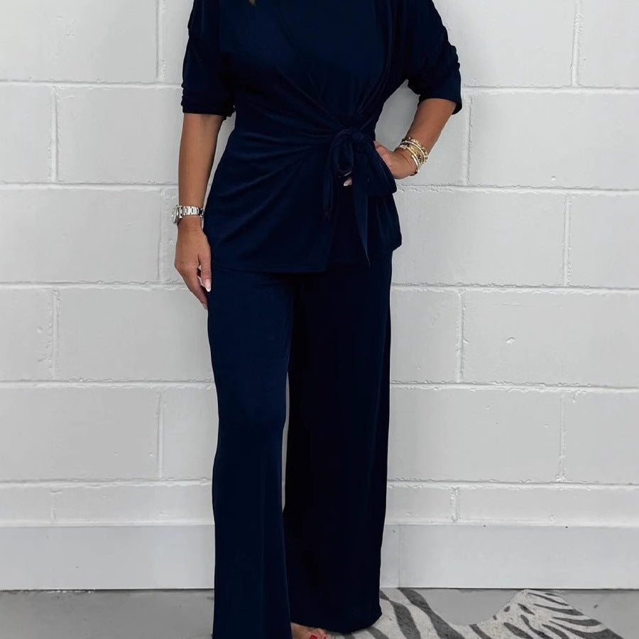 Women's Casual Lounge Set with Knot Detail and Wide-Leg Cut