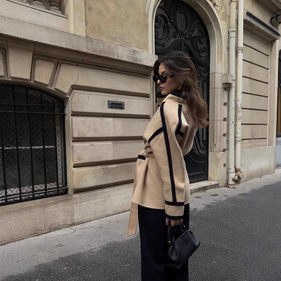 Women's Fashionable Oversized Coat with Belt and Graphic Contrasts