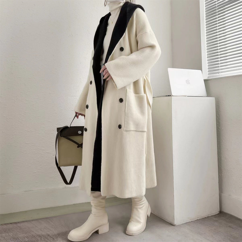 Women's Elegant Long Coat with Belt and Contrasting Sleeves