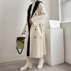 Women's Elegant Long Coat with Belt and Contrasting Sleeves