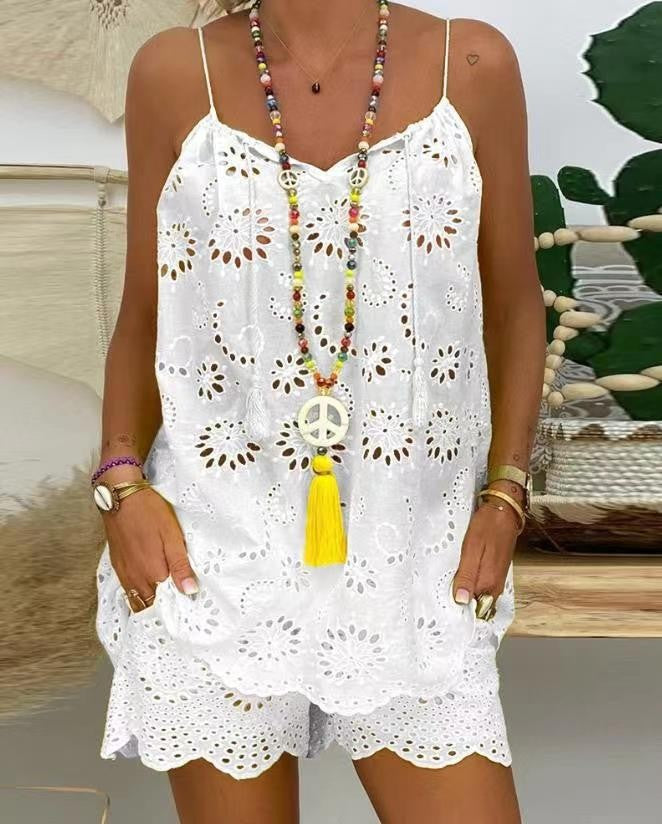 Women's Airy Summer Top with Lace and Matching Shorts