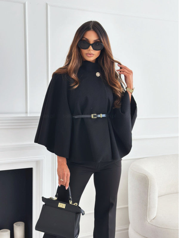 Women's Cape Jacket with Stylish Belt and Elegant Texture