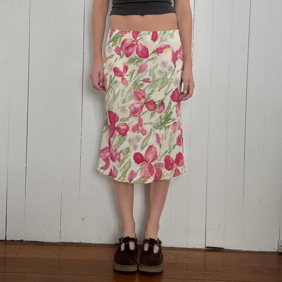 High-Waisted Flared Midi Skirt with Floral Watercolor Print