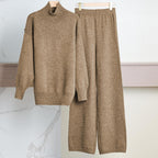 Women's Cozy Knit Ensemble with High Collar and Wide-Leg Pants