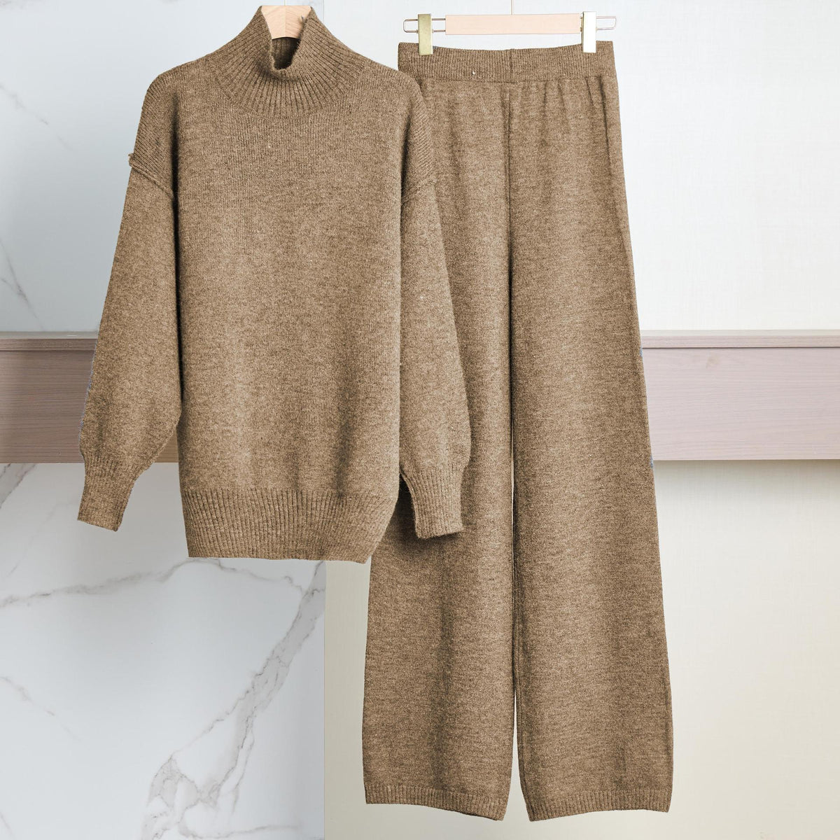 Women's Cozy Knit Ensemble with High Collar and Wide-Leg Pants