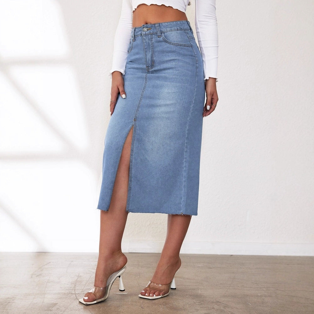 Women's Midi Denim Skirt with Slit and Casual A-Line Cut