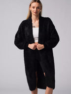 Women's Fluffy Long Knit Coat with Side Slit and Loose Fit