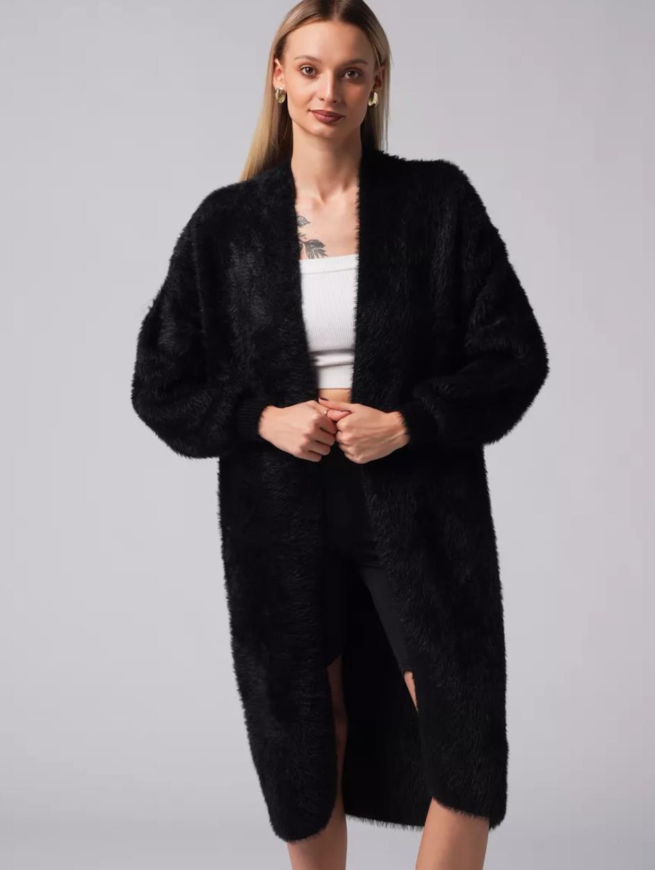 Women's Fluffy Long Knit Coat with Side Slit and Loose Fit