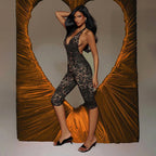 Women's Bodycon Jumpsuit with Snake Print and Deep Neckline