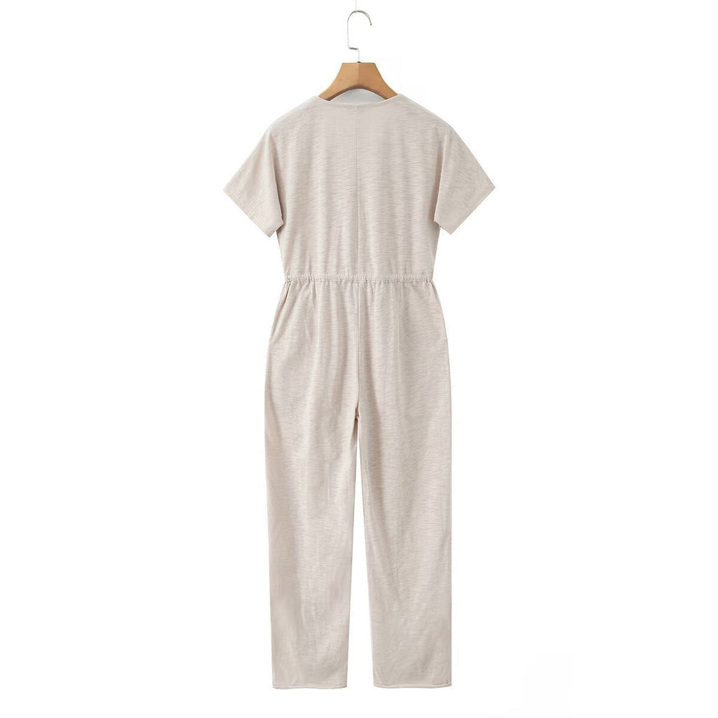Women's Jumpsuit with Waist Drawstring and Practical Pockets