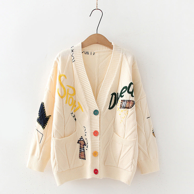 Women's Patterned Knit Cardigan with Unique Embroidery and Colorful Buttons