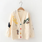 Women's Patterned Knit Cardigan with Unique Embroidery and Colorful Buttons