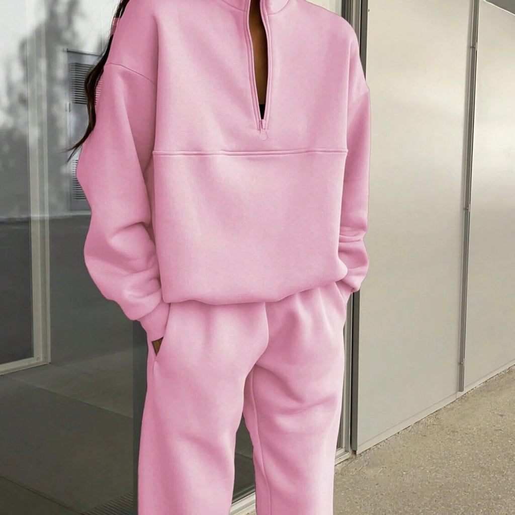 Women's Casual Tracksuit with High Collar and Half-Zip